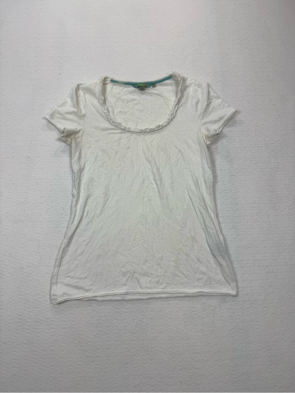 Boden White Cotton Stretch Ruffle Braided Neckline Short Sleeve Tee Top 8